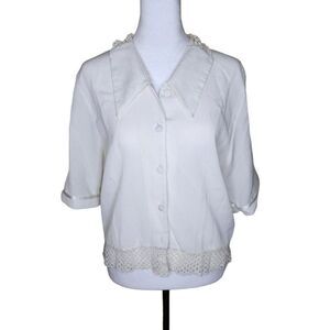 Vintage 70s Lace Collar 3/4 Sleeve Blouse Womens Size S White Preppie Academia